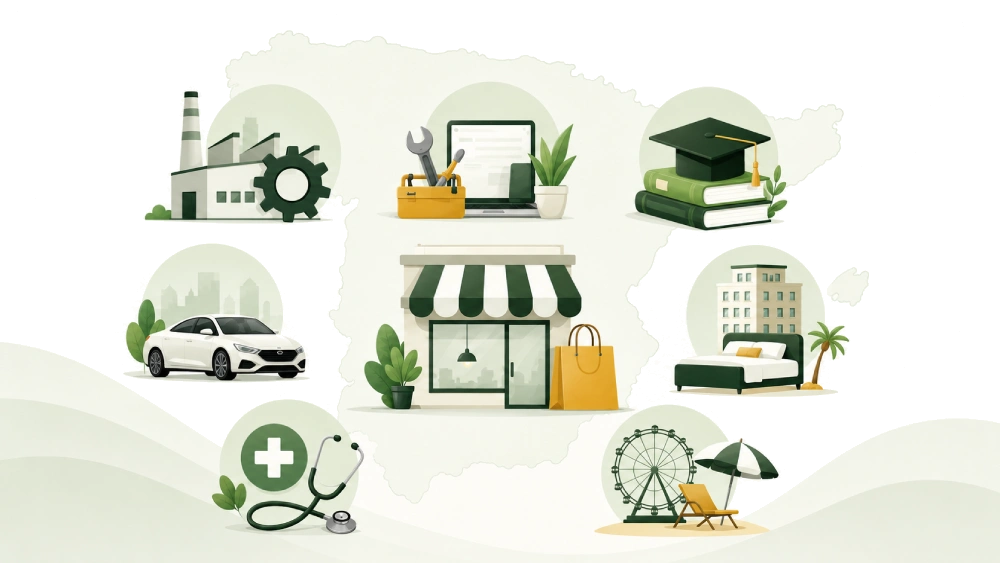 Sectores empresariales en España: tiendas, servicios, educación, motor, salud, alojamiento, ocio y fabricantes